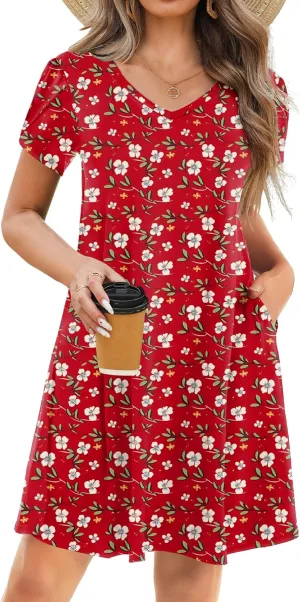 HOTOUCH Womens Summer Floral Beach V Neck Dresses Short Sleeve T Shirt Sundresses with Pockets 2025 Hawaiian Vacation