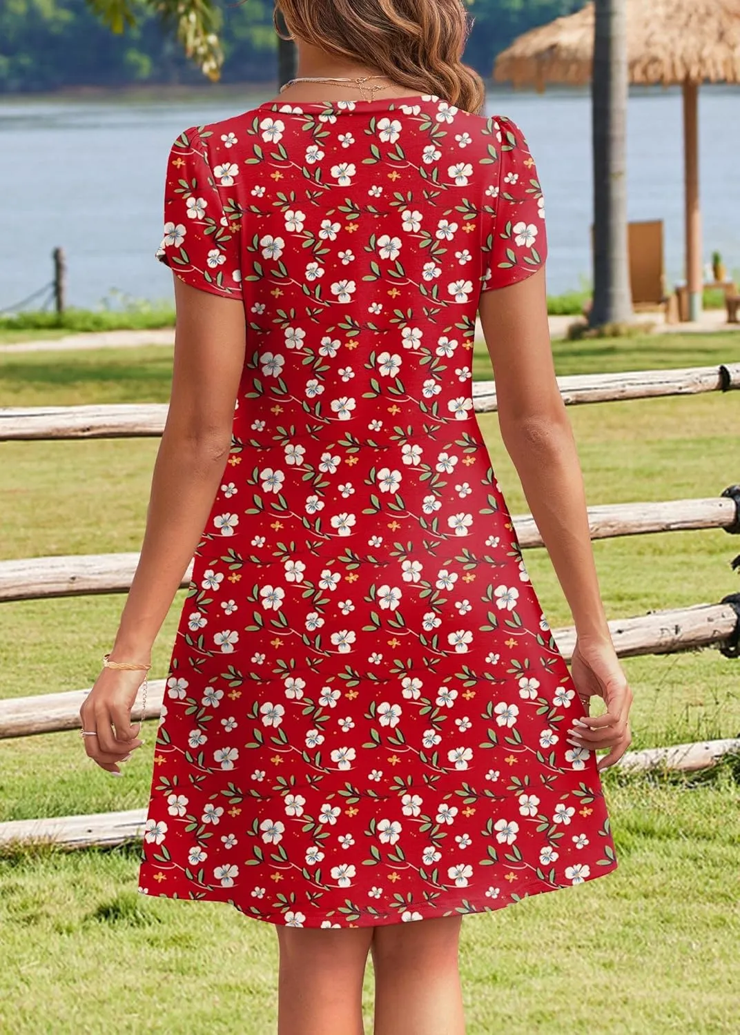 HOTOUCH Womens Summer Floral Beach V Neck Dresses Short Sleeve T Shirt Sundresses with Pockets 2025 Hawaiian Vacation