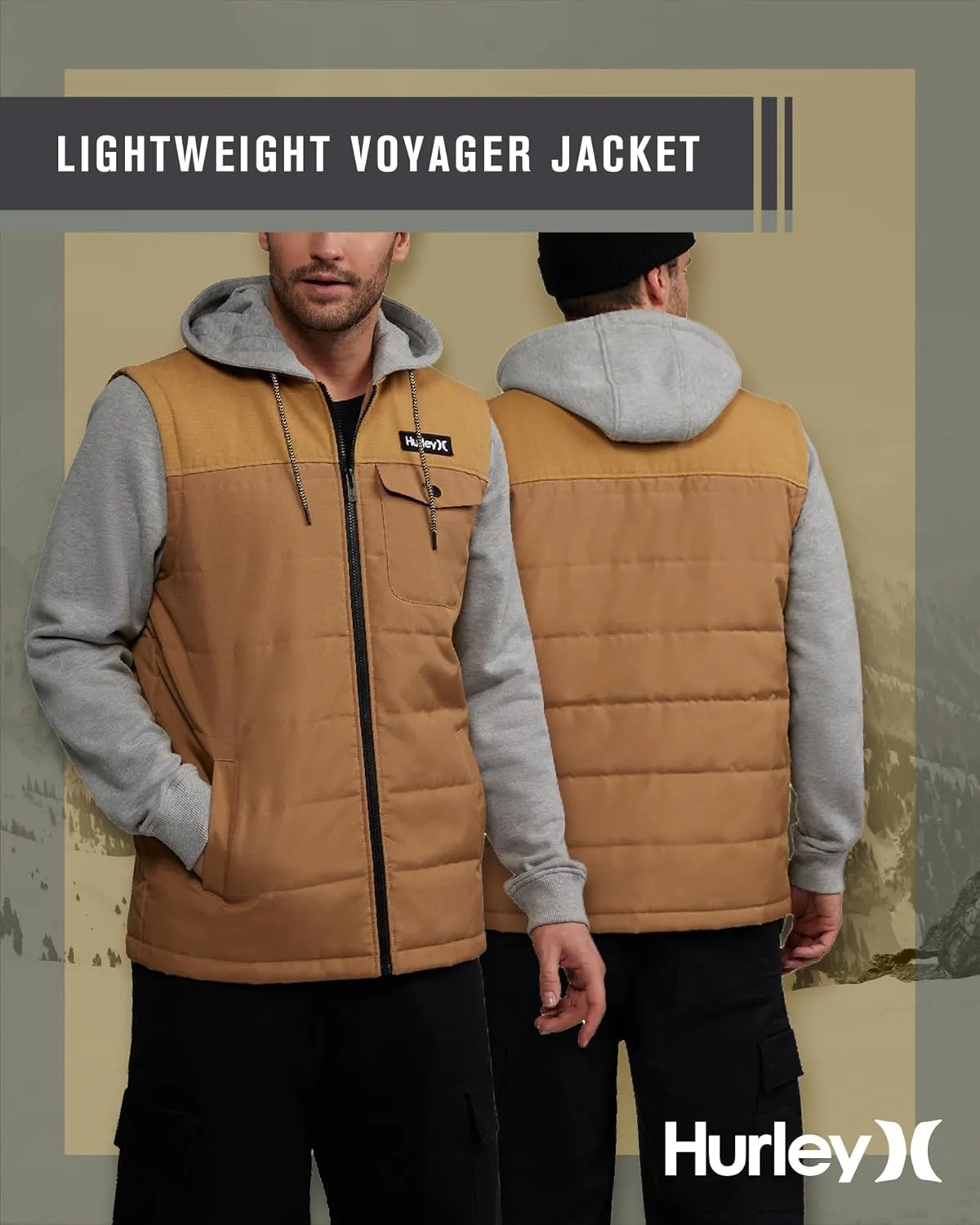 Hurley Men's Voyager Jacket - Lightweight Hooded Quilted Canvas Sweater Vest Jacket - Insulated Utility Jacket for Men (S-XL)
