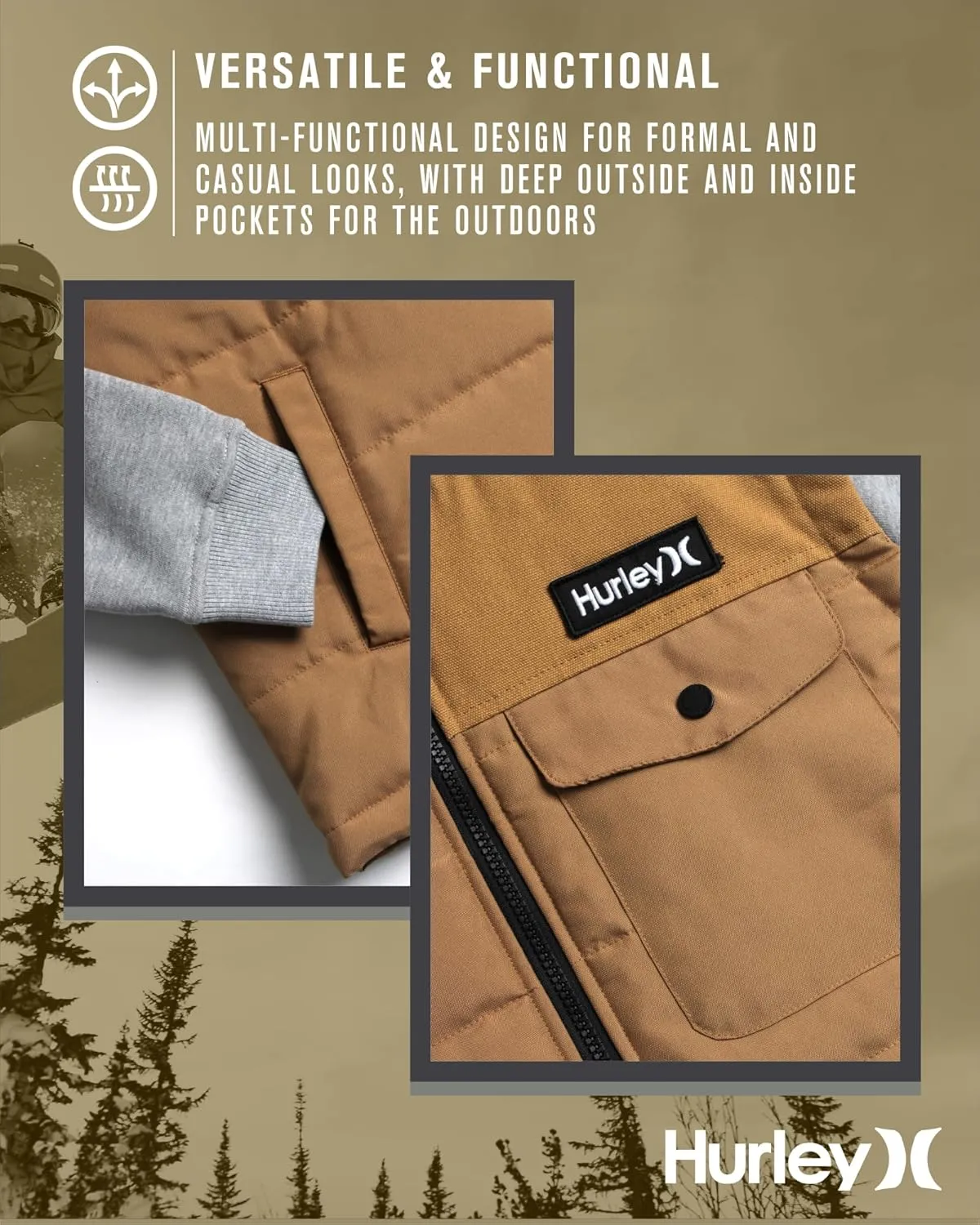 Hurley Men's Voyager Jacket - Lightweight Hooded Quilted Canvas Sweater Vest Jacket - Insulated Utility Jacket for Men (S-XL)