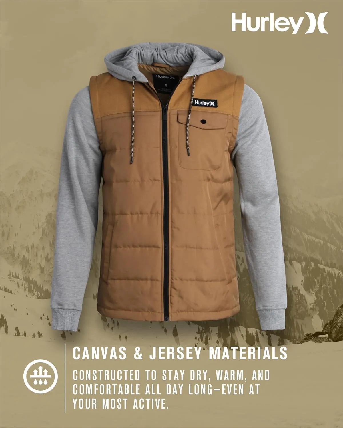 Hurley Men's Voyager Jacket - Lightweight Hooded Quilted Canvas Sweater Vest Jacket - Insulated Utility Jacket for Men (S-XL)