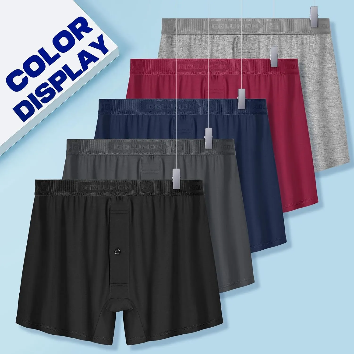 IGOLUMON Mens Underwear Boxer Shorts 5 Pack Bamboo Rayon Boxers for Men Classic Relaxed Fit Boxer Shorts with Button Fly