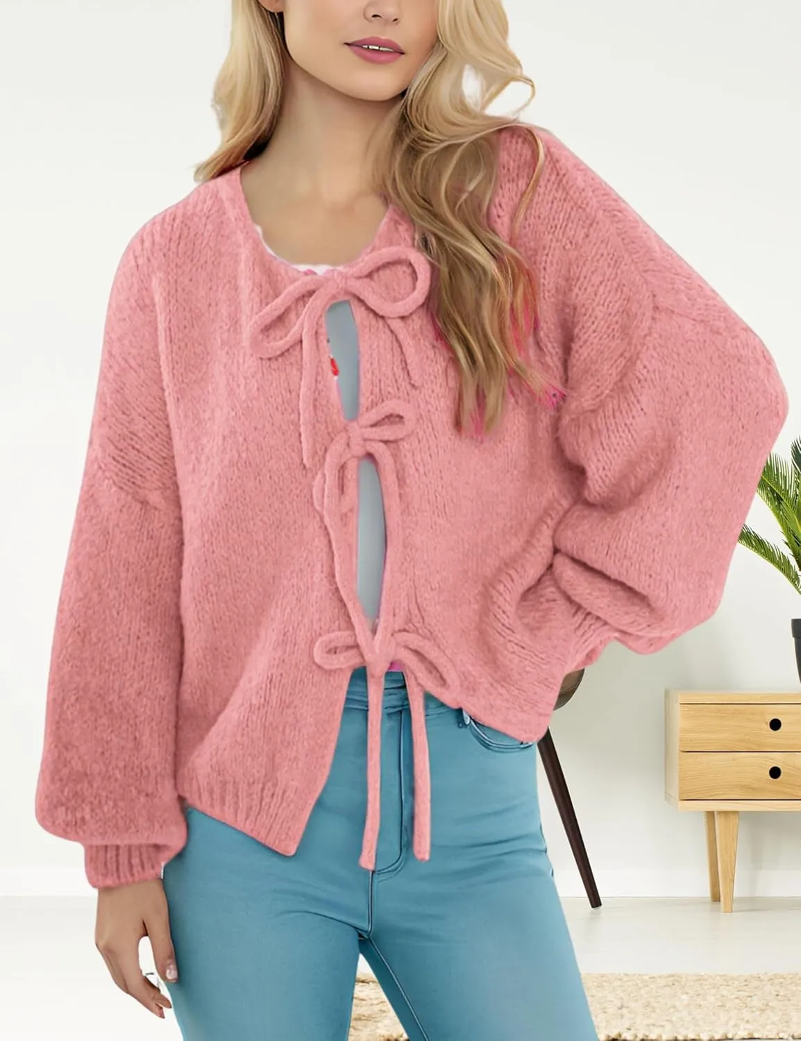 InterNos Womens Bow Tie Front Sweater Cardigan Y2k Chunky Crew Neck Lace Up Crochet Knit Outwear Coat