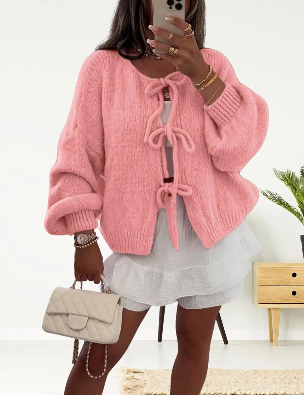 InterNos Womens Bow Tie Front Sweater Cardigan Y2k Chunky Crew Neck Lace Up Crochet Knit Outwear Coat