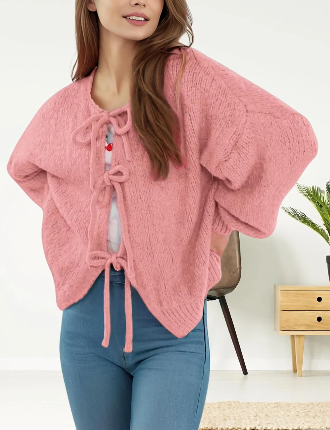 InterNos Womens Bow Tie Front Sweater Cardigan Y2k Chunky Crew Neck Lace Up Crochet Knit Outwear Coat