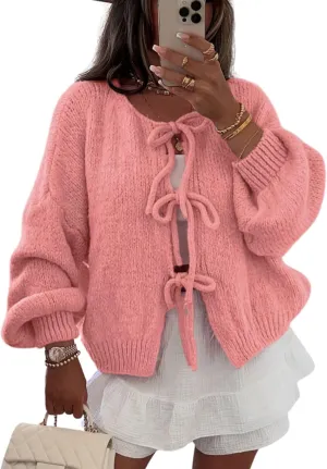 InterNos Womens Bow Tie Front Sweater Cardigan Y2k Chunky Crew Neck Lace Up Crochet Knit Outwear Coat