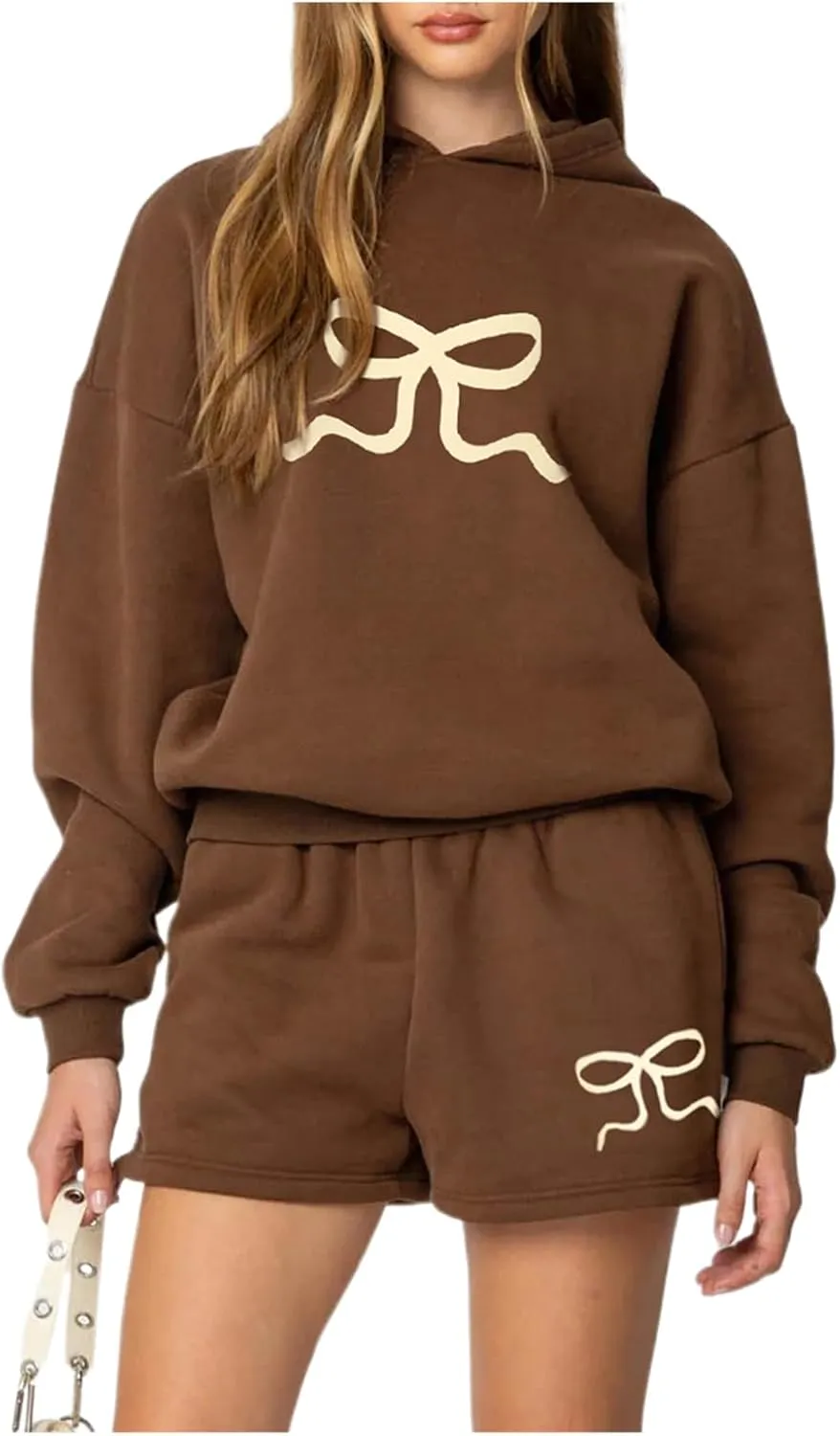 iTranyee Women Casual 2 Piece Sweatsuit Long Sleeve Oversized Bow Hoodie Sweatshirt Sweat Shorts Outfits Bow Matching Set