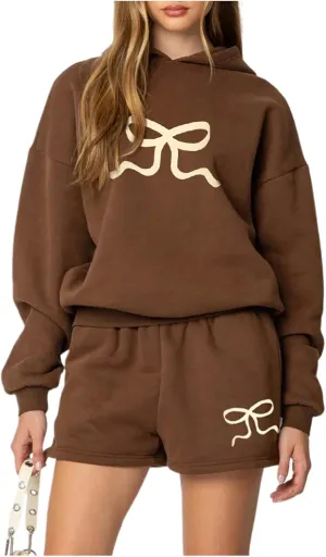 iTranyee Women Casual 2 Piece Sweatsuit Long Sleeve Oversized Bow Hoodie Sweatshirt Sweat Shorts Outfits Bow Matching Set