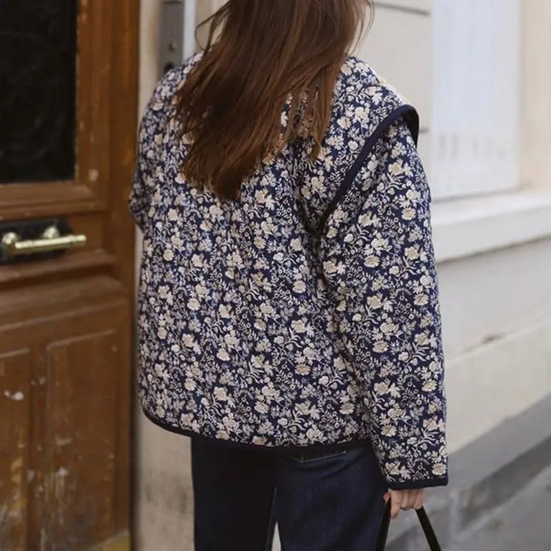 Juakoso Women Floral Print Cropped Quilted Jacket Cardigan Vintage Open Front Padded Puffler Coat Lightweight Casual Outwear