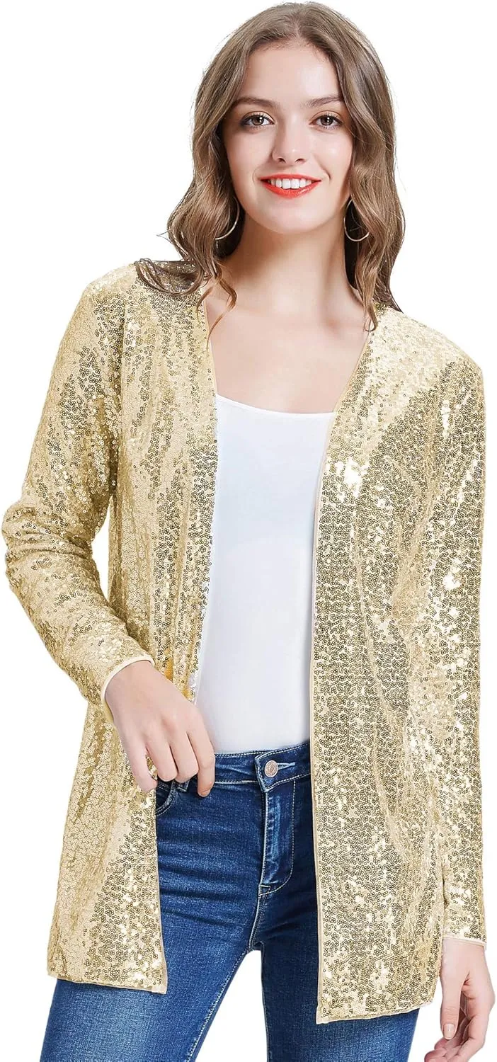 KANCY KOLE Women's Sequin Jacket Open Front Blazer Casual Long Sleeve Cardigan Coat S-XXL