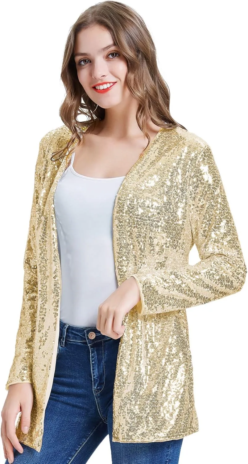 KANCY KOLE Women's Sequin Jacket Open Front Blazer Casual Long Sleeve Cardigan Coat S-XXL