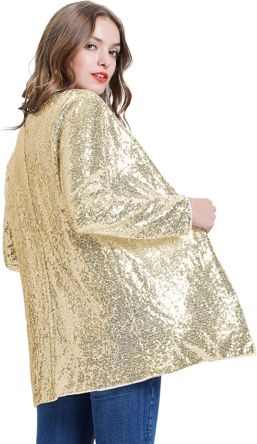 KANCY KOLE Women's Sequin Jacket Open Front Blazer Casual Long Sleeve Cardigan Coat S-XXL