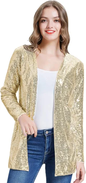KANCY KOLE Women's Sequin Jacket Open Front Blazer Casual Long Sleeve Cardigan Coat S-XXL