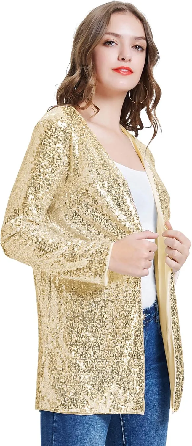 KANCY KOLE Women's Sequin Jacket Open Front Blazer Casual Long Sleeve Cardigan Coat S-XXL