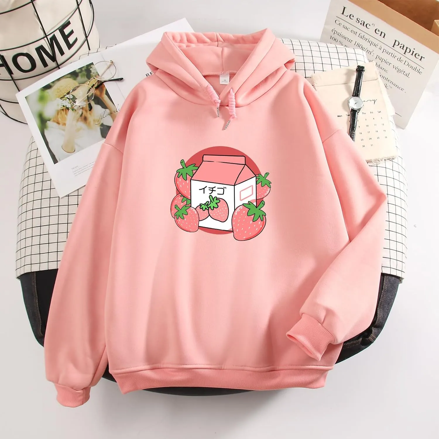 KEEVICI Pullover Sweatshirts for Women Cute Strawberry Cow Print Hoodie Casual Fuzzy Top