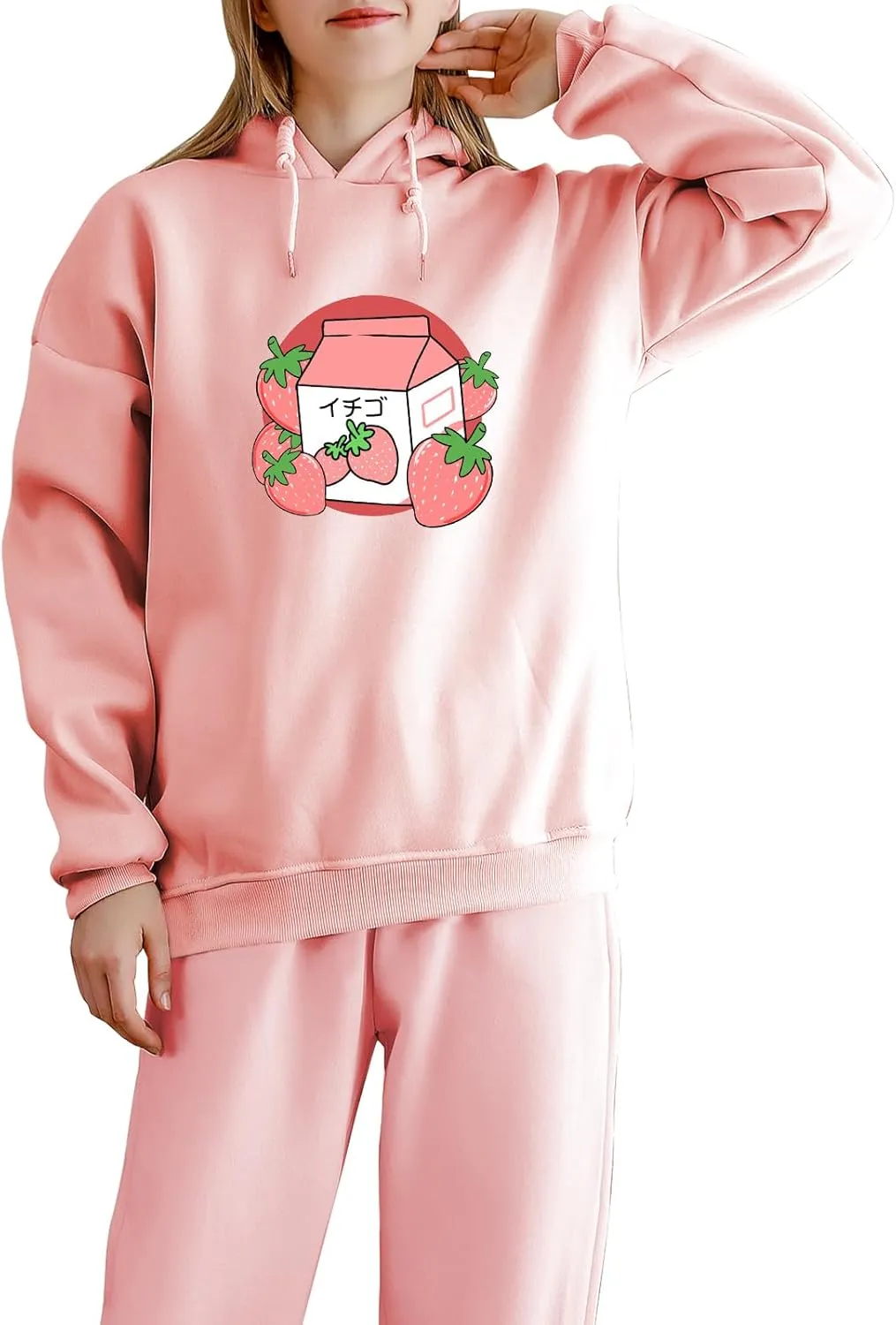 KEEVICI Pullover Sweatshirts for Women Cute Strawberry Cow Print Hoodie Casual Fuzzy Top