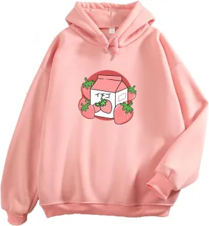 KEEVICI Pullover Sweatshirts for Women Cute Strawberry Cow Print Hoodie Casual Fuzzy Top