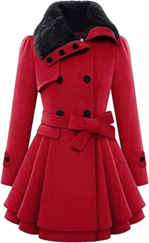 KELYWELL Women's Double Breasted Pea Coat Faux Fur Lapel Thick Wool Trench Jacket Winter Mid-Long Trench Coat with Belt