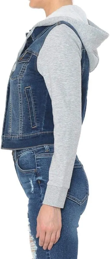 Khanomak Women Fleece Sleeve and Hood Denim Jacket