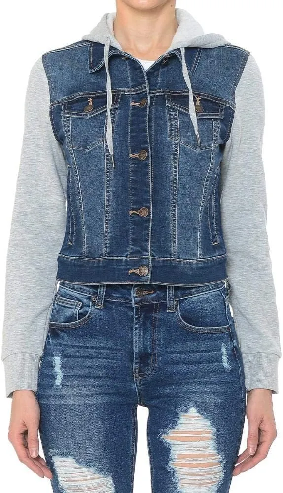 Khanomak Women Fleece Sleeve and Hood Denim Jacket