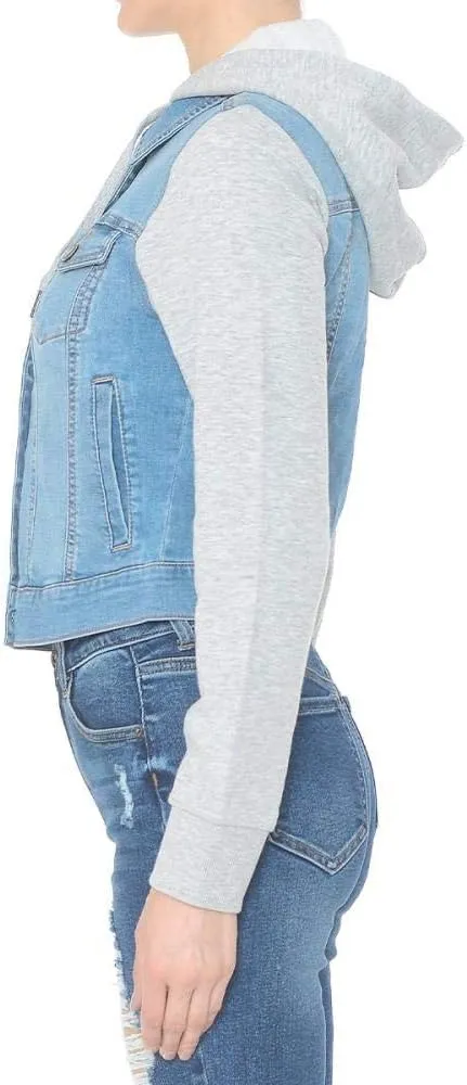 Khanomak Women Fleece Sleeve and Hood Denim Jacket