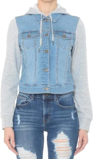 Khanomak Women Fleece Sleeve and Hood Denim Jacket