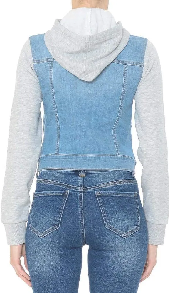Khanomak Women Fleece Sleeve and Hood Denim Jacket