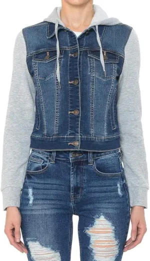 Khanomak Women Fleece Sleeve and Hood Denim Jacket