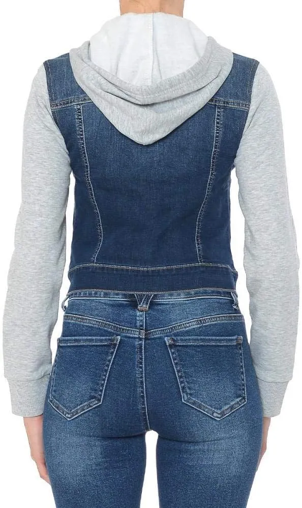 Khanomak Women Fleece Sleeve and Hood Denim Jacket