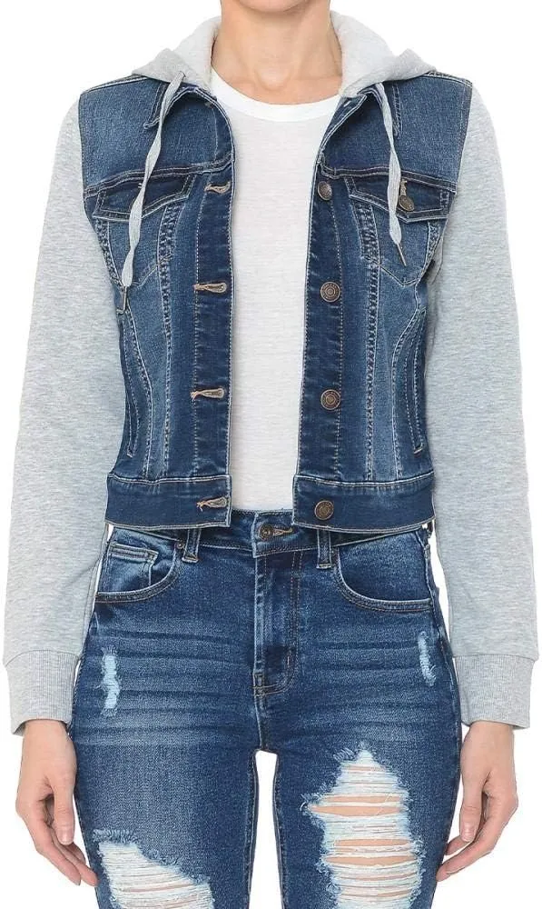 Khanomak Women Fleece Sleeve and Hood Denim Jacket