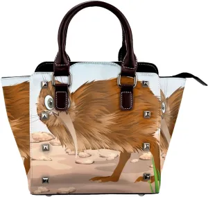 Kiwi Bird Women Leather Handbag Rivet Shoulder Bag Top Handle Satchel Purse