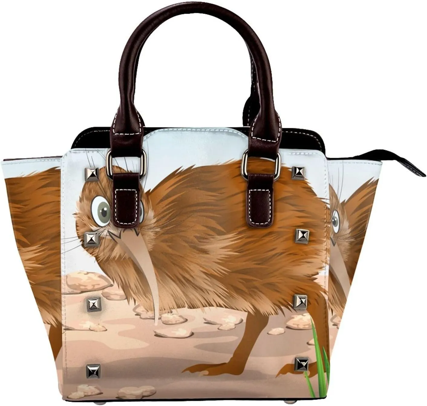 Kiwi Bird Women Leather Handbag Rivet Shoulder Bag Top Handle Satchel Purse