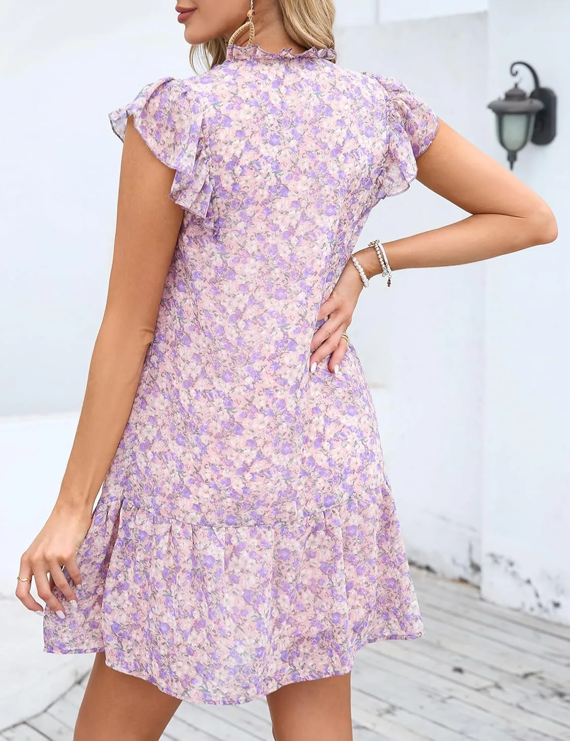 KOJOOIN Women's Babydoll Mini Dress Summer V Neck Flutter Sleeve Boho Floral Flowy Shift Short Dress