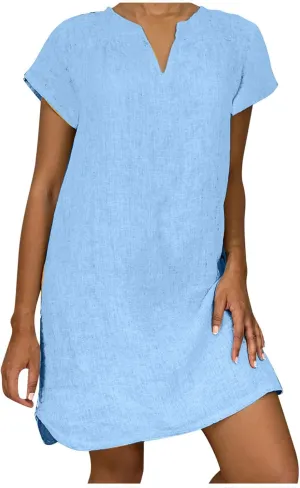Ladies Solid Cotton Linen Casual Dress Loose Linen Mini Dress for Women Summer Dresses Pockets Comfy Beach Dresses 2023