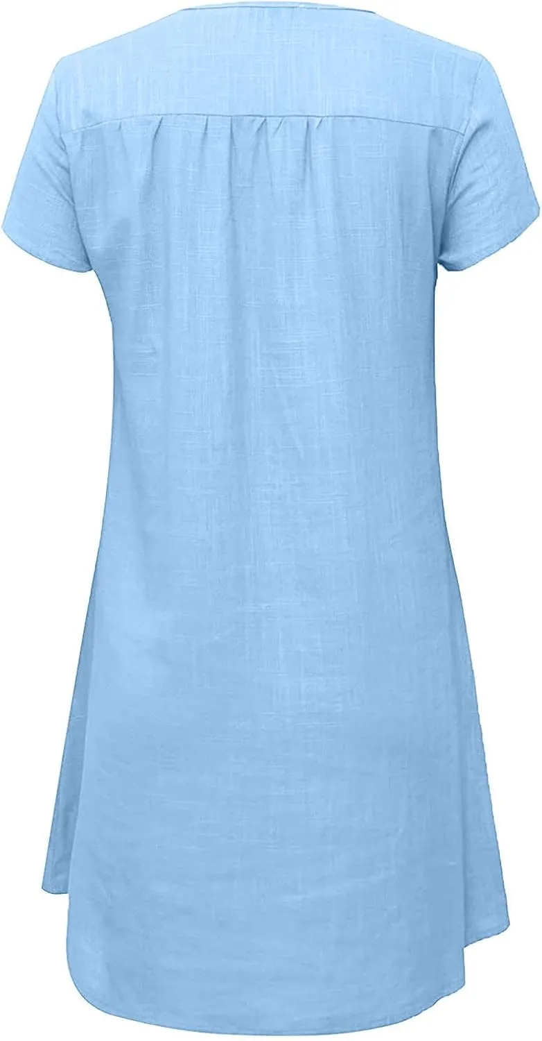 Ladies Solid Cotton Linen Casual Dress Loose Linen Mini Dress for Women Summer Dresses Pockets Comfy Beach Dresses 2023