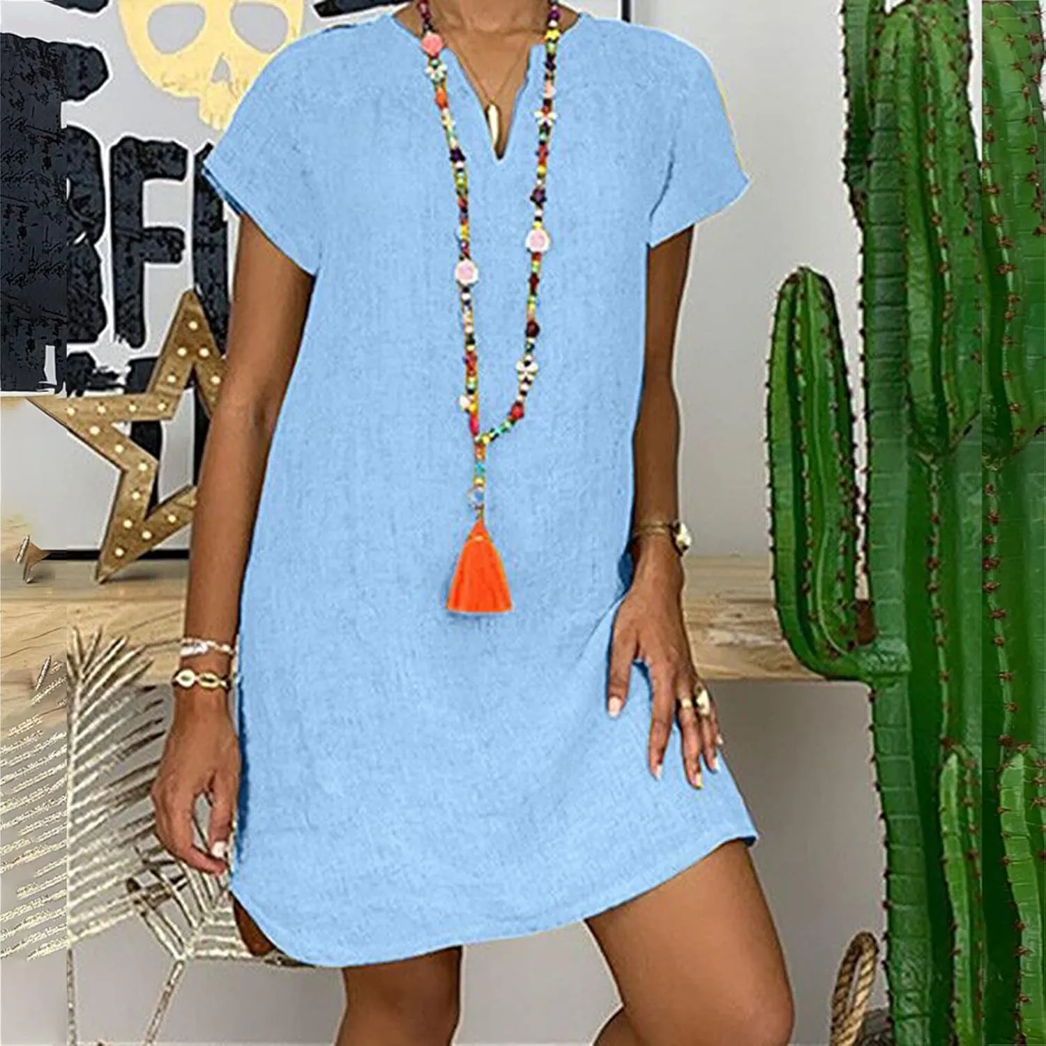 Ladies Solid Cotton Linen Casual Dress Loose Linen Mini Dress for Women Summer Dresses Pockets Comfy Beach Dresses 2023