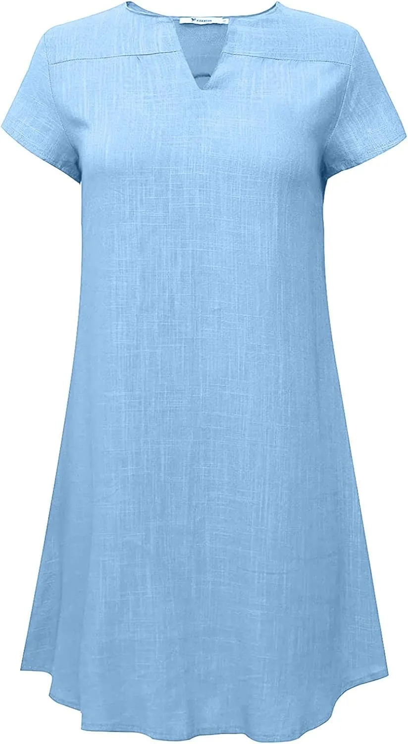 Ladies Solid Cotton Linen Casual Dress Loose Linen Mini Dress for Women Summer Dresses Pockets Comfy Beach Dresses 2023