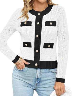 Langwyqu Womens Long Sleeve Button Down Cardigan Sweaters Cropped Open Front Tweed Jacket Fall Elegant Knit Tops