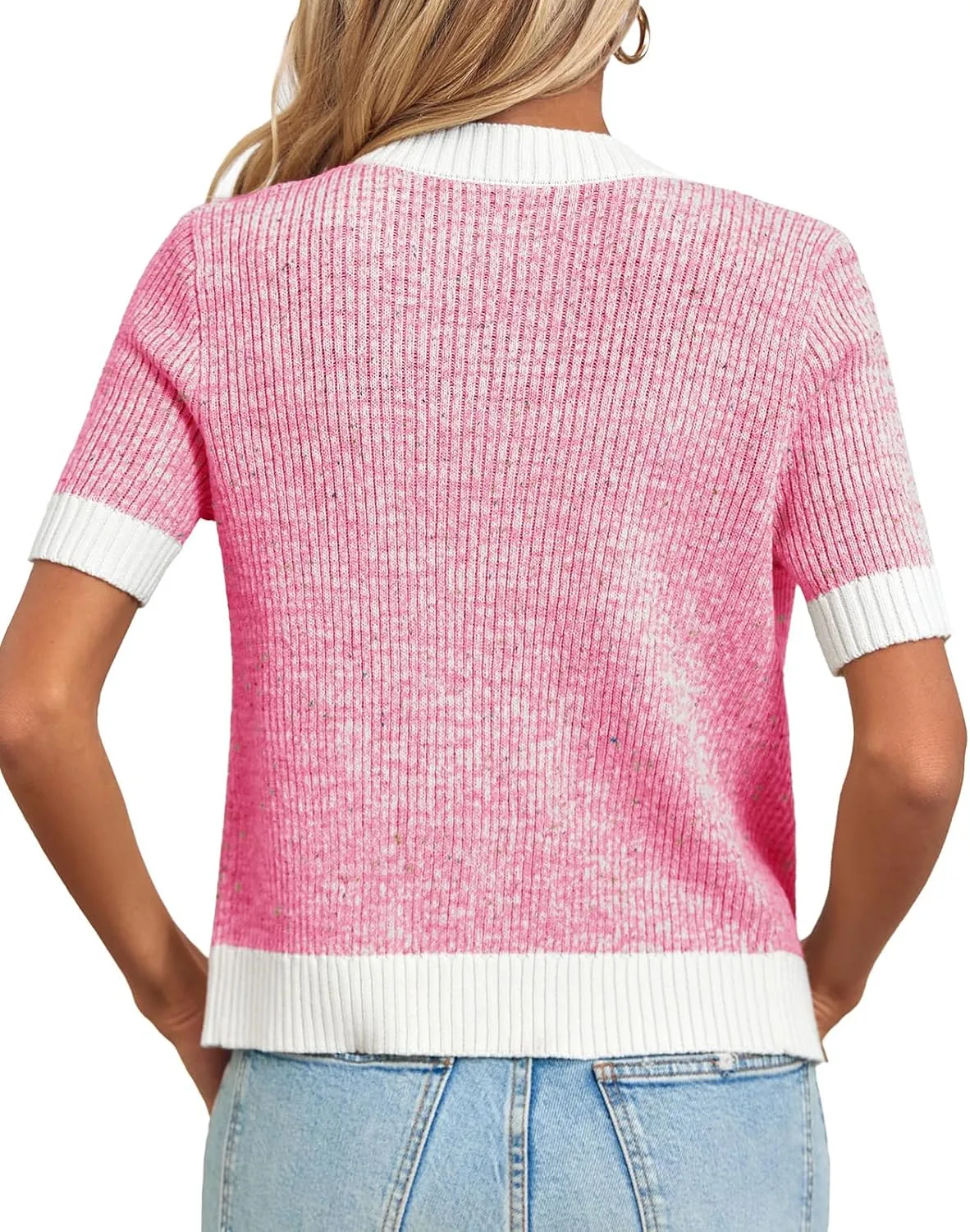 Langwyqu Womens Short Sleeve Button Down Cardigans Sweater Cropped Lightweight Crew Neck Elegant Tops