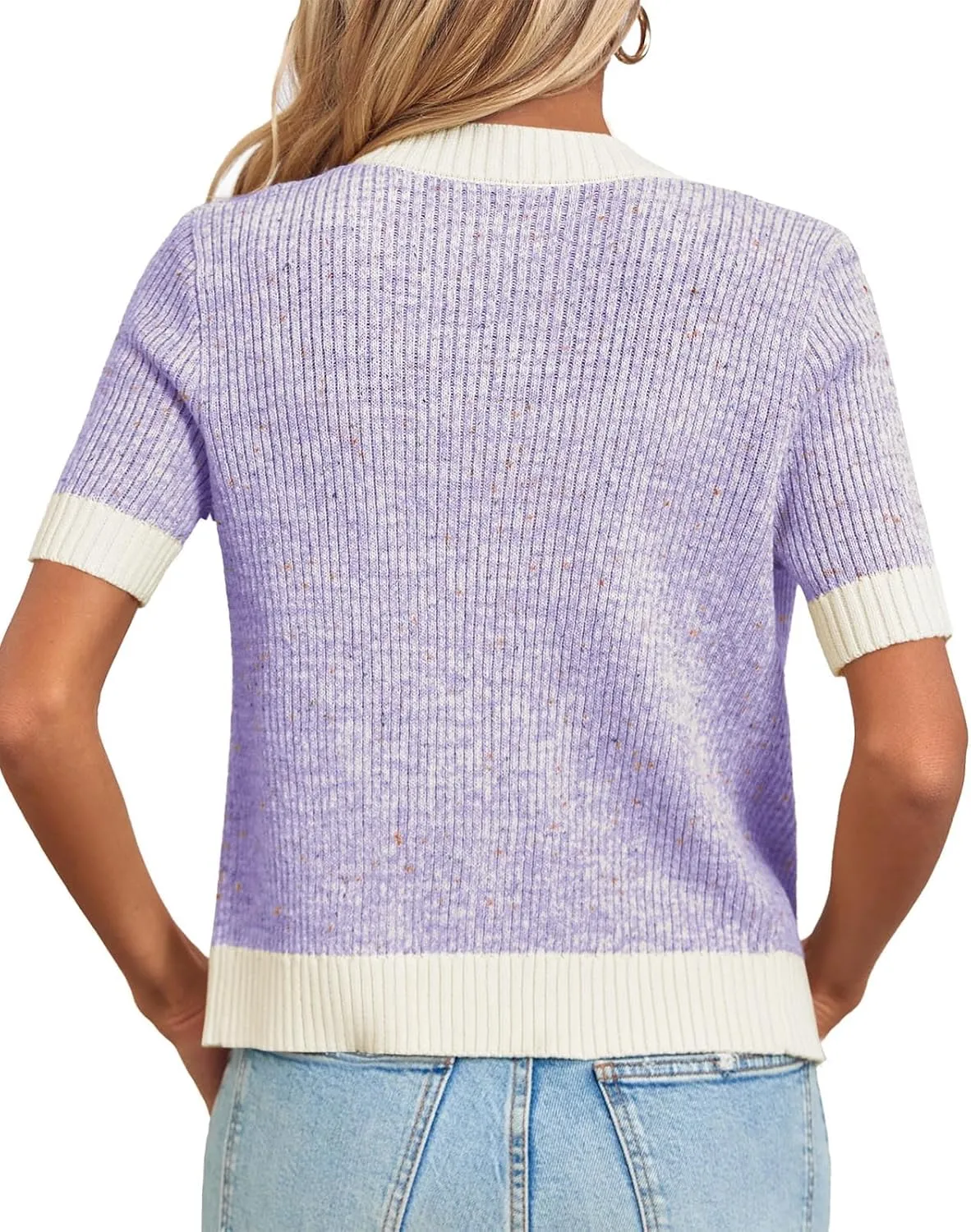 Langwyqu Womens Short Sleeve Button Down Cardigans Sweater Cropped Lightweight Crew Neck Elegant Tops