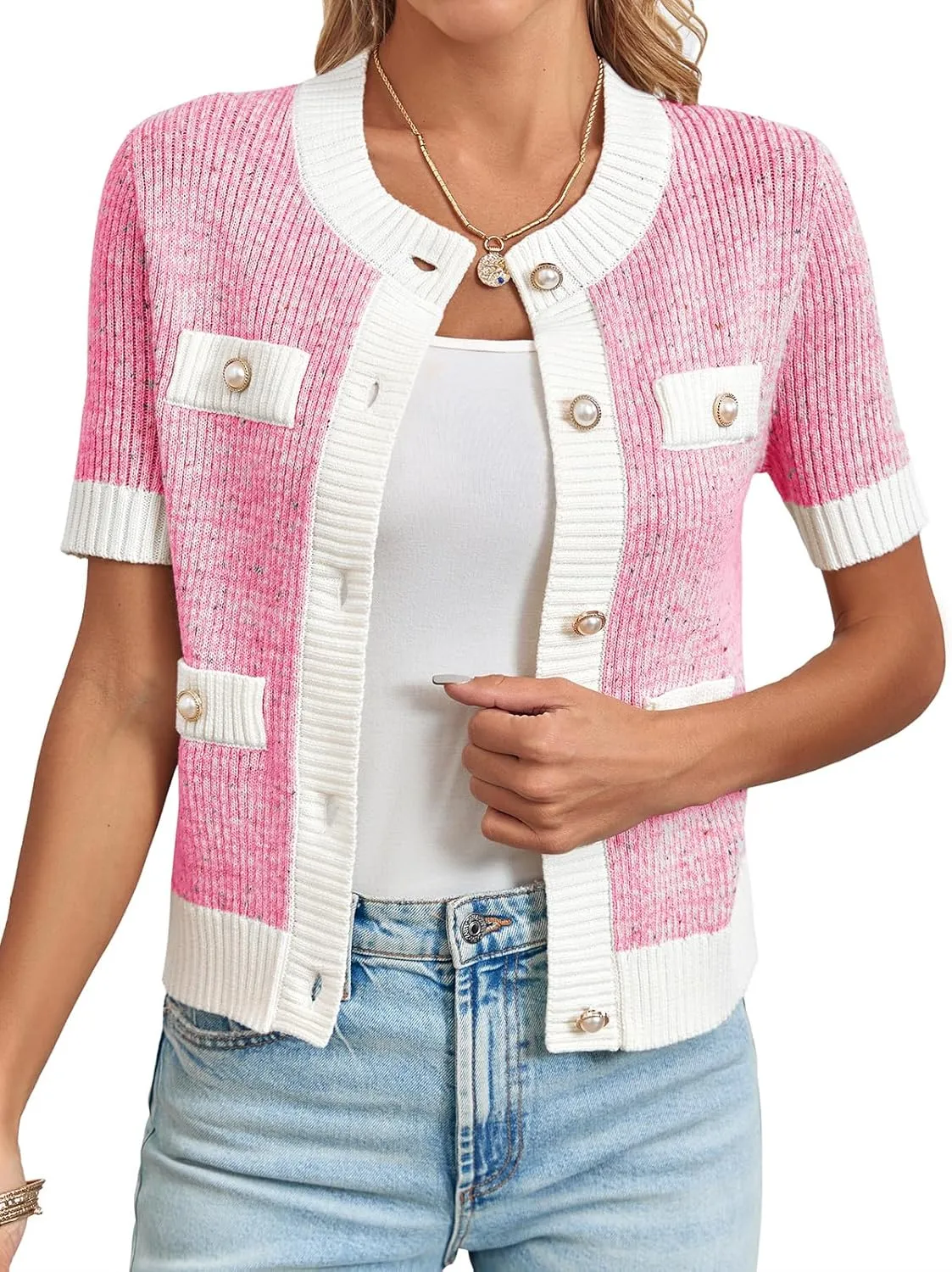 Langwyqu Womens Short Sleeve Button Down Cardigans Sweater Cropped Lightweight Crew Neck Elegant Tops