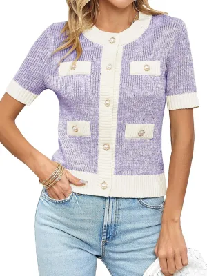 Langwyqu Womens Short Sleeve Button Down Cardigans Sweater Cropped Lightweight Crew Neck Elegant Tops