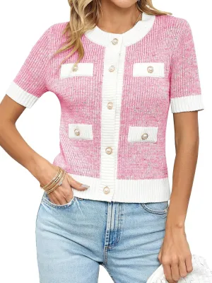 Langwyqu Womens Short Sleeve Button Down Cardigans Sweater Cropped Lightweight Crew Neck Elegant Tops