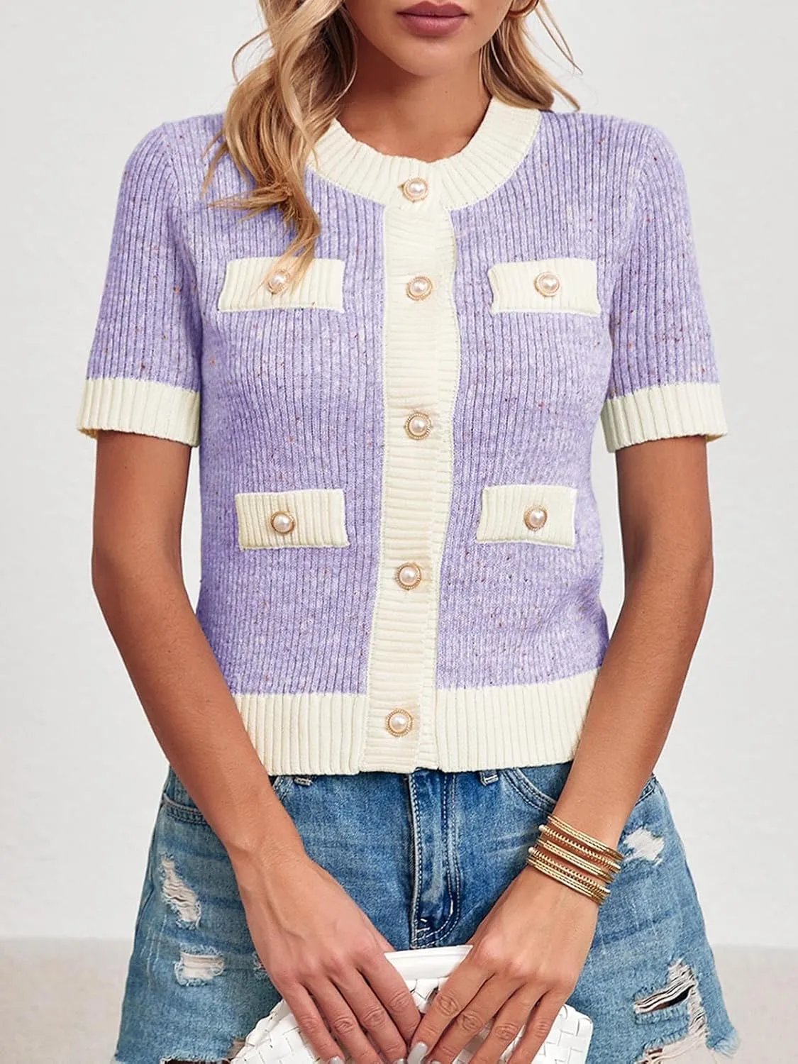 Langwyqu Womens Short Sleeve Button Down Cardigans Sweater Cropped Lightweight Crew Neck Elegant Tops