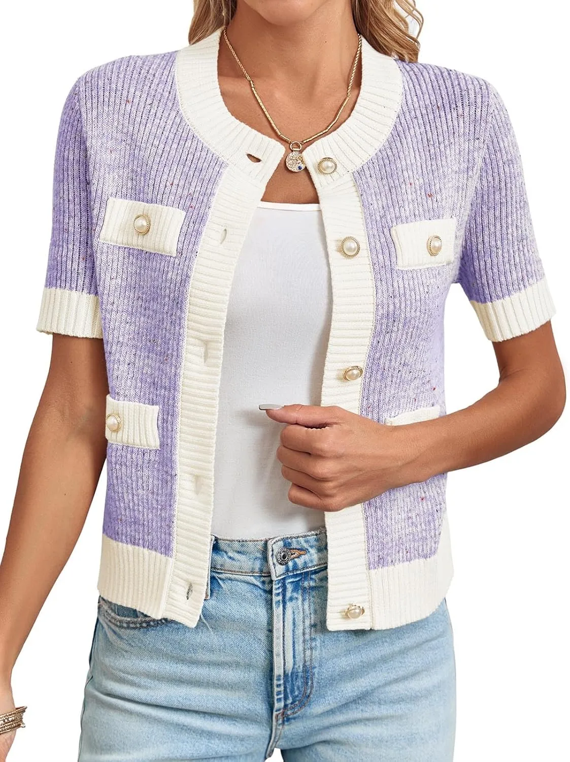 Langwyqu Womens Short Sleeve Button Down Cardigans Sweater Cropped Lightweight Crew Neck Elegant Tops