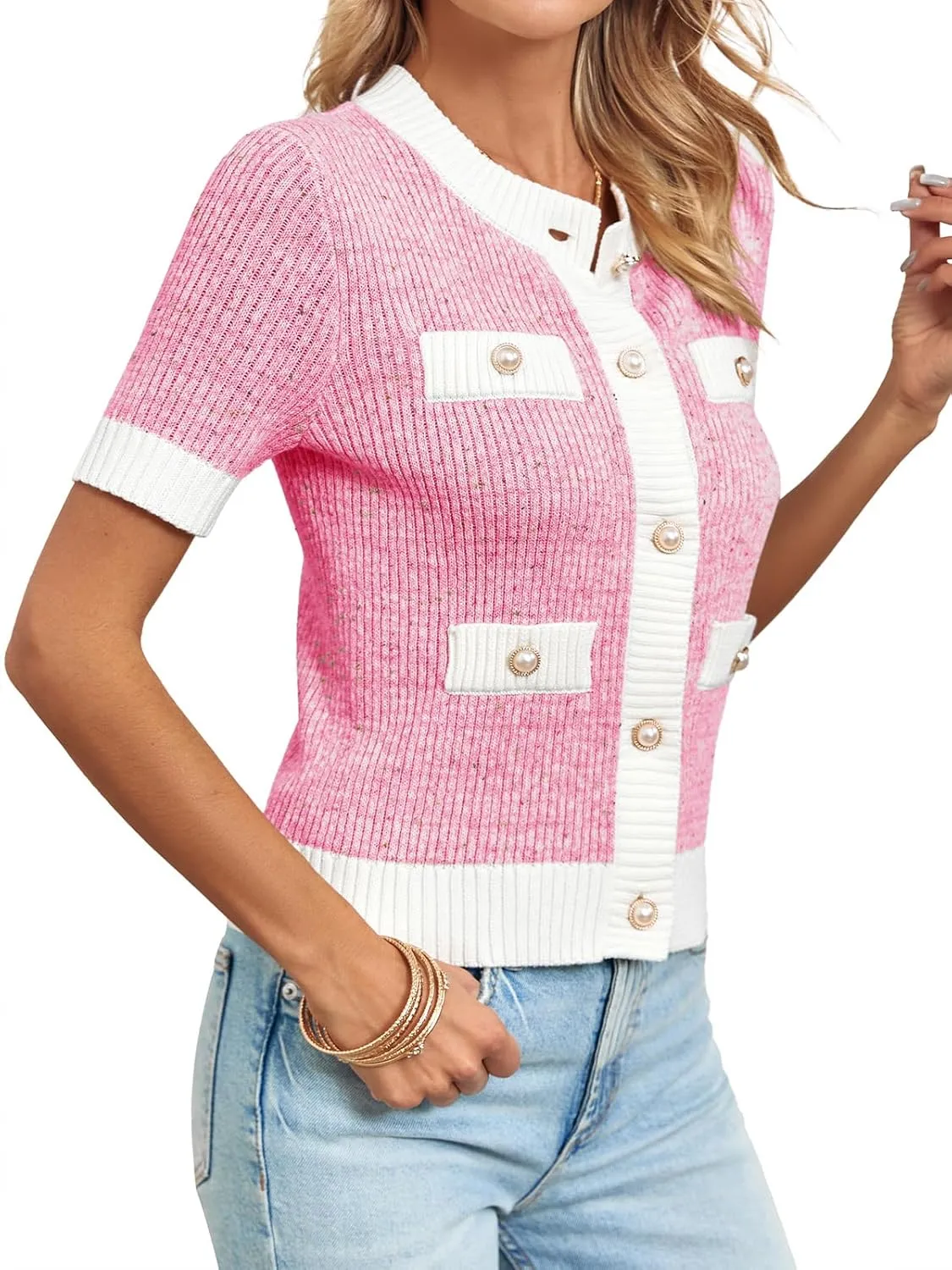 Langwyqu Womens Short Sleeve Button Down Cardigans Sweater Cropped Lightweight Crew Neck Elegant Tops