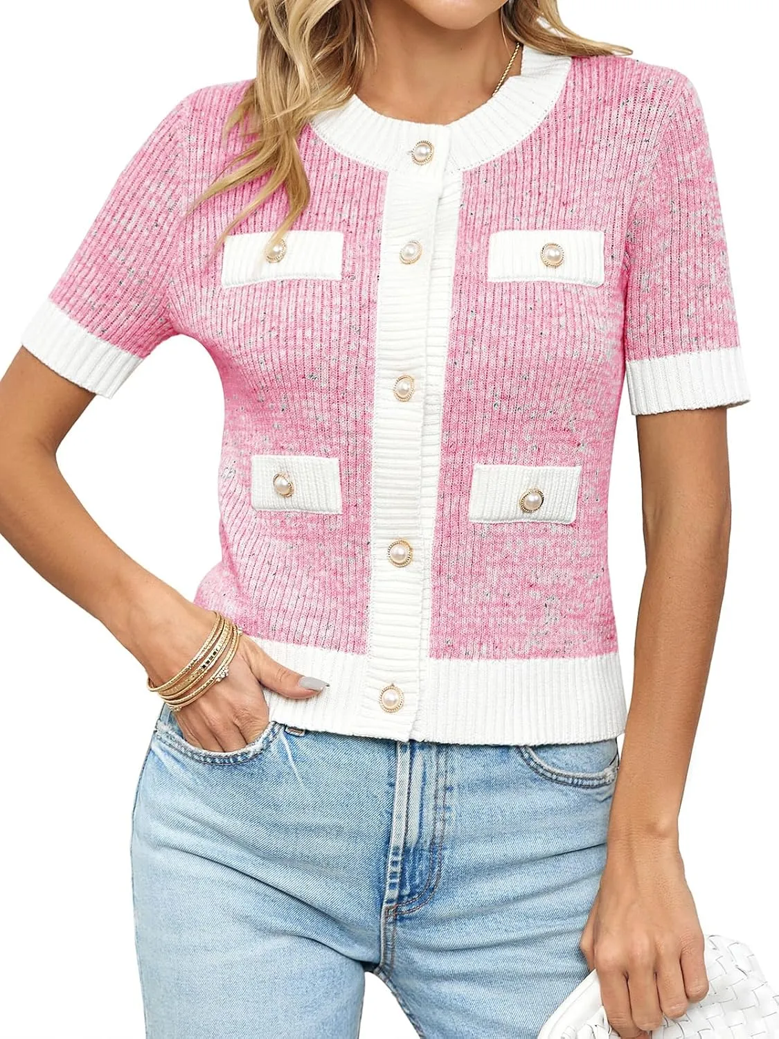 Langwyqu Womens Short Sleeve Button Down Cardigans Sweater Cropped Lightweight Crew Neck Elegant Tops