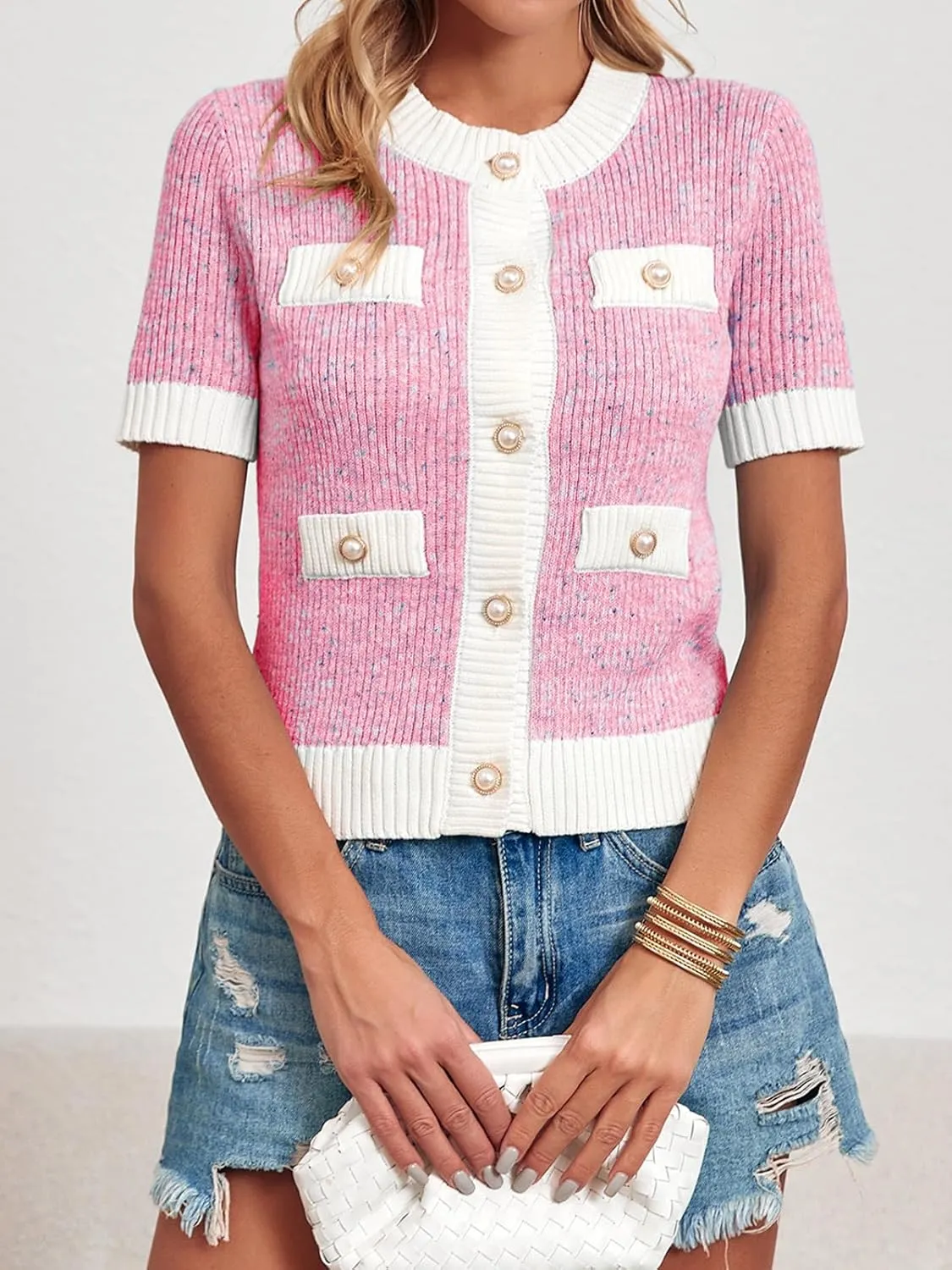 Langwyqu Womens Short Sleeve Button Down Cardigans Sweater Cropped Lightweight Crew Neck Elegant Tops