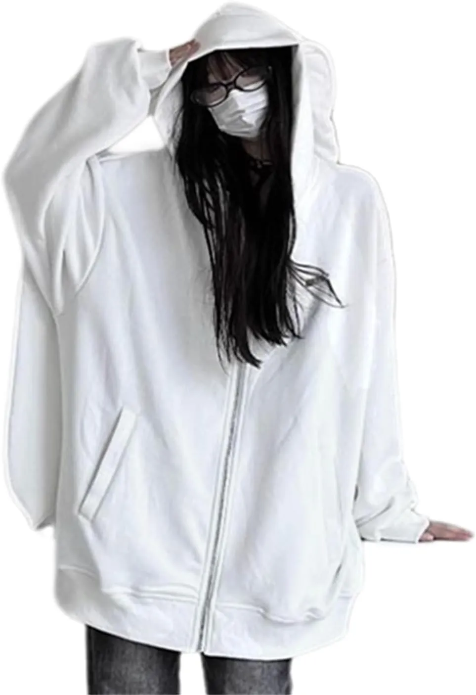 LAVASEON Womens Oversized Kawaii Bunny Ear Hoodie Zip Up Long Sleeve Sweatshirt Rabbit Hooded Sweatshirts