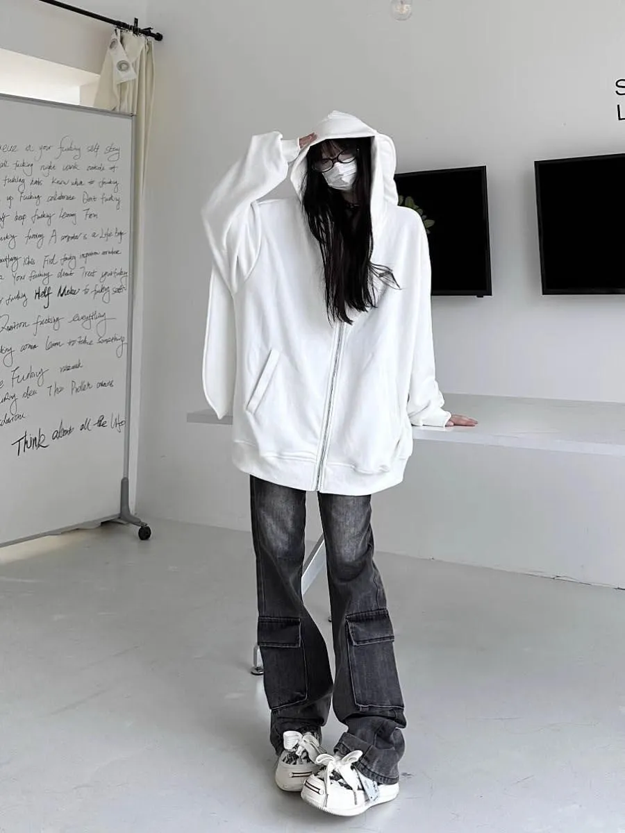 LAVASEON Womens Oversized Kawaii Bunny Ear Hoodie Zip Up Long Sleeve Sweatshirt Rabbit Hooded Sweatshirts